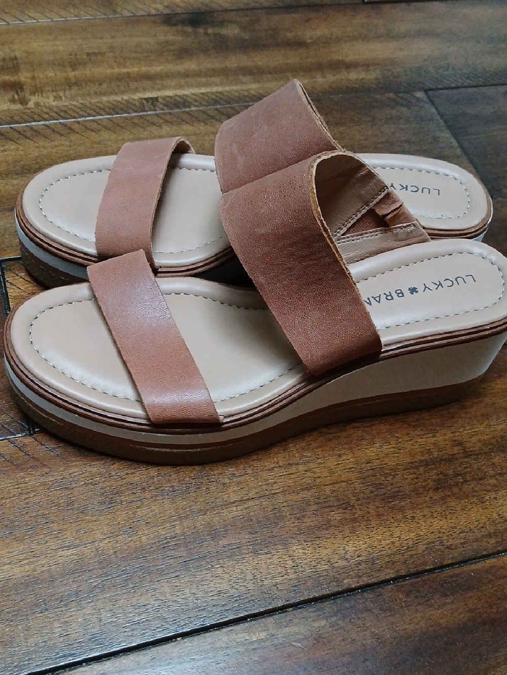 Lucky Brand Tan Double-Strap Wedge Slide Sandals